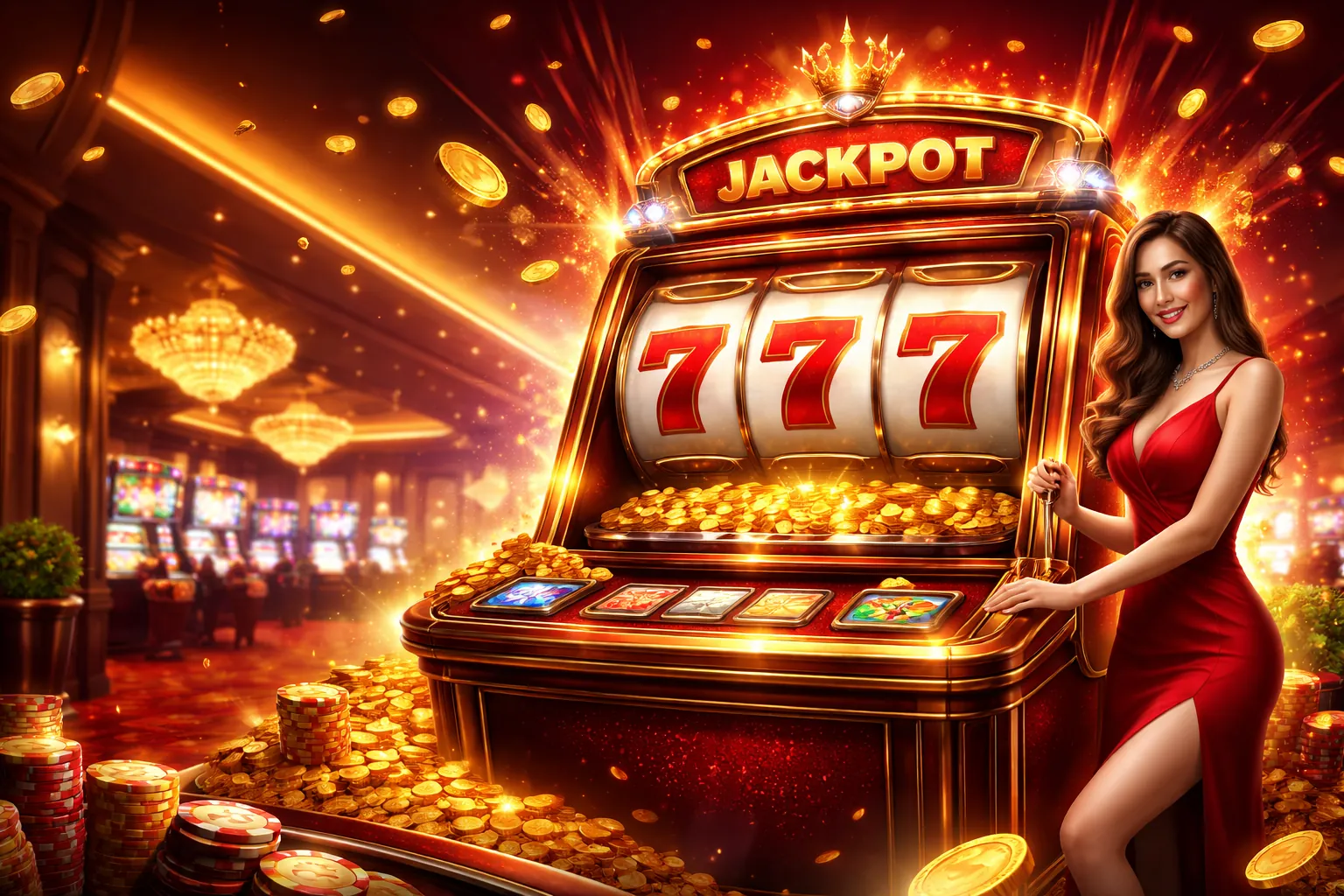Máy đánh bạc tại NW88 Game với ánh sáng rực rỡ và biểu tượng chiến thắng